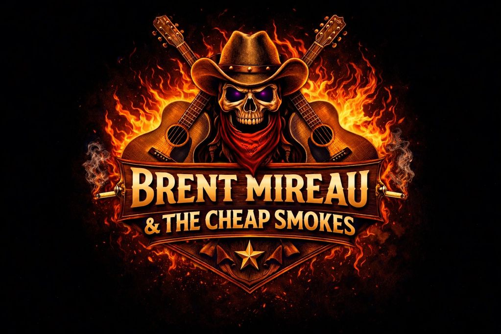 Flaming skull with cowboy hat and guitars advertising Brent Mireau & The Cheap Smokes.