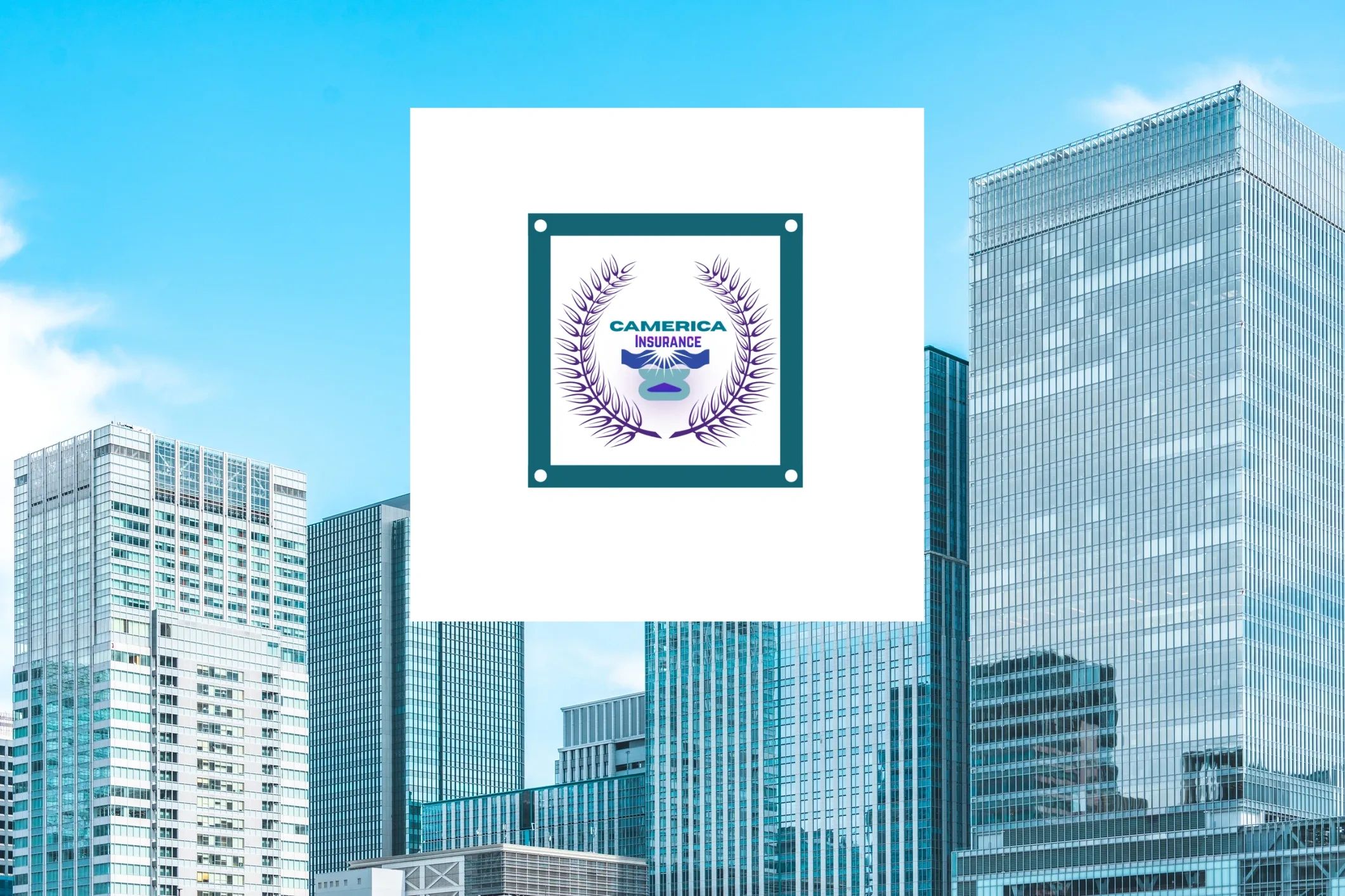 The city buildings with Camerica Insurance logo in the center.