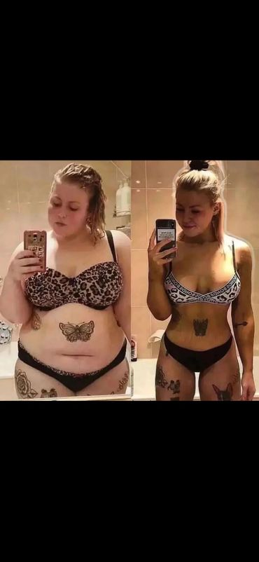 Side-by-side weight loss transformation of a woman with tattoos in a bathroom mirror selfie.