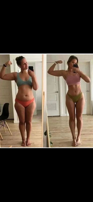 Side-by-side fitness transformation of a woman flexing her arm in front of a mirror.