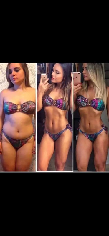 Woman's fitness transformation shown in three side-by-side photos in a bikini.