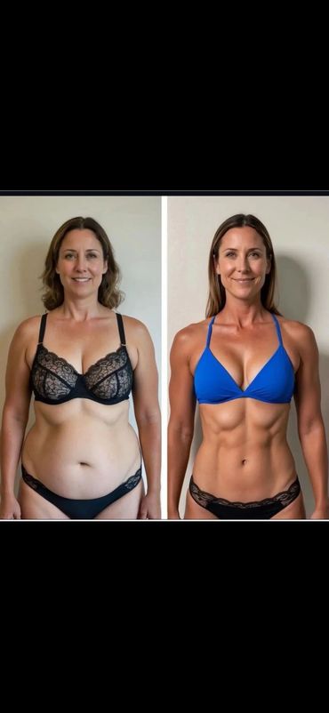 Before and after fitness transformation of a woman showing significant muscle definition.