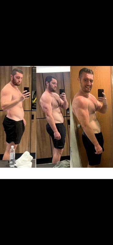 Three side-by-side photos showing a man's impressive fitness transformation journey.