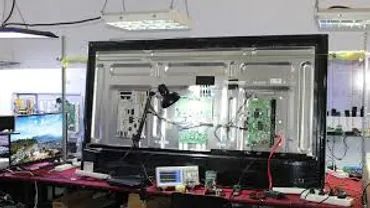 Open TV showing internal circuit boards in a workshop.