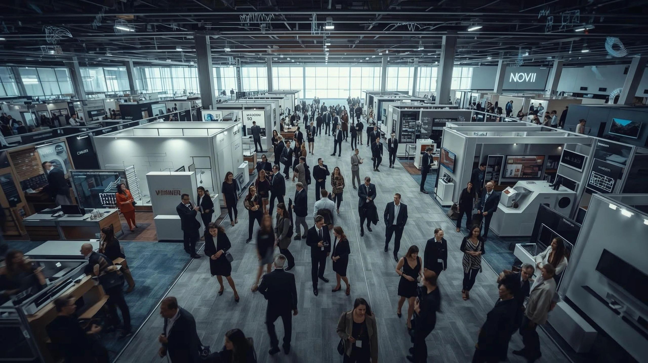 Busy trade show with many attendees exploring booths and exhibits.