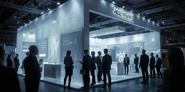 Business professionals gather at a modern, tech-driven exhibition booth with digital displays.
