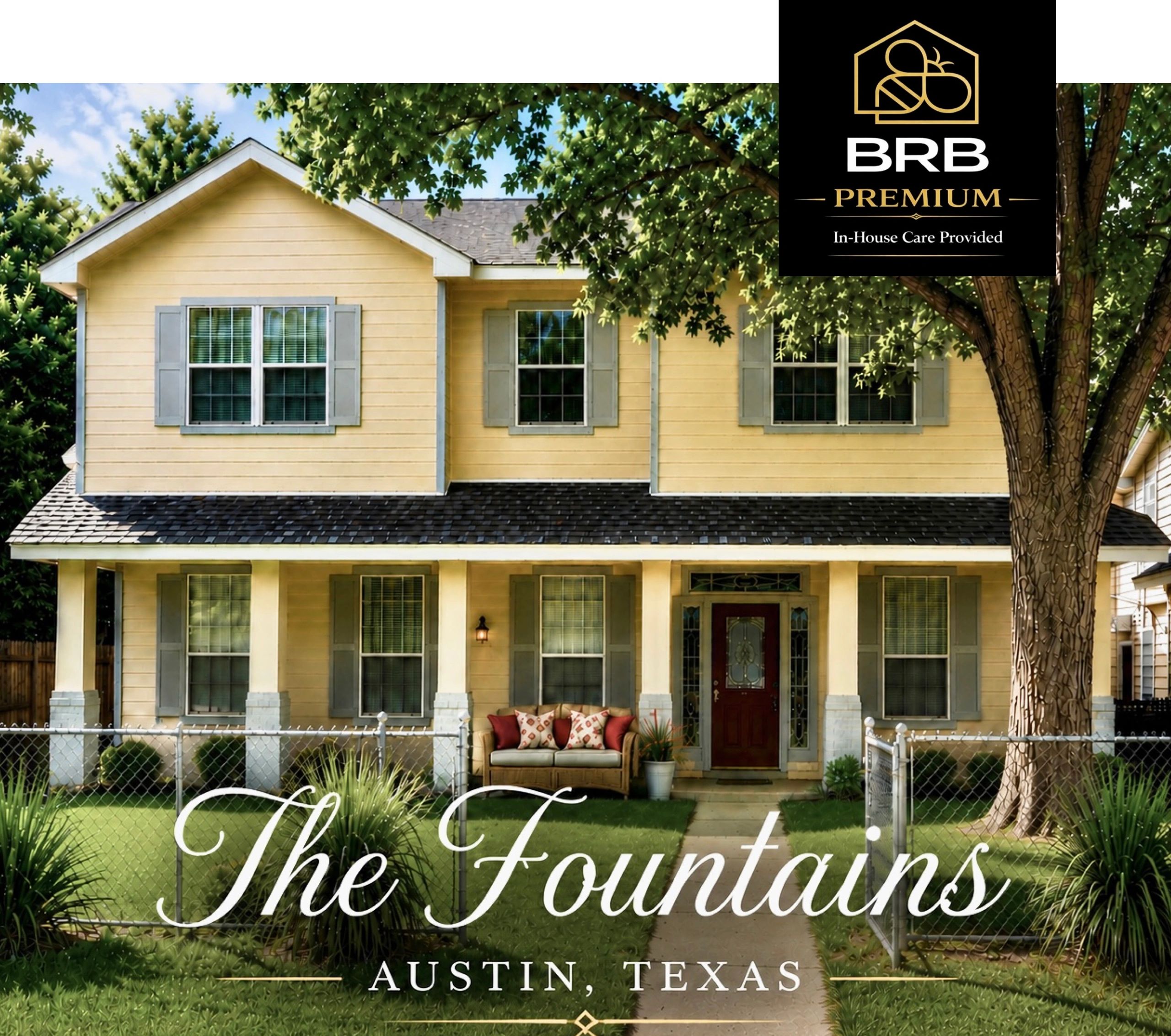 Classic two-story home with a porch in Austin, Texas, labeled The Fountains.