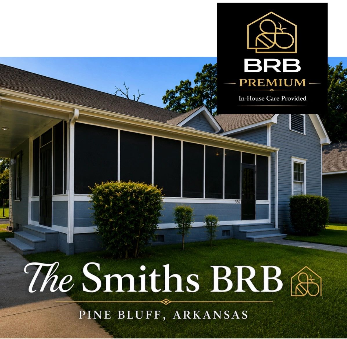 A blue house with a green lawn and BRB Premium logo.