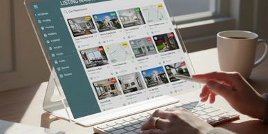 Person browsing property listings on a tablet at a desk.