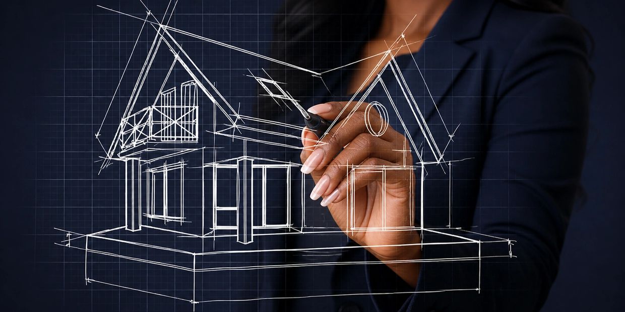 Hand drawing a 3D house blueprint on a transparent screen.
