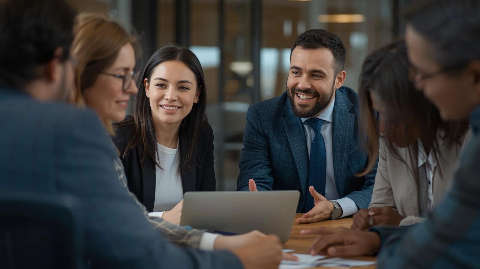 A group of professionals happily discussing around a laptop in a meeting.