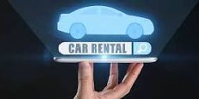 Hand holding a glowing hologram of a car with 'Car Rental' text.