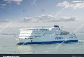 Large white ferry sailing on calm sea under cloudy sky.