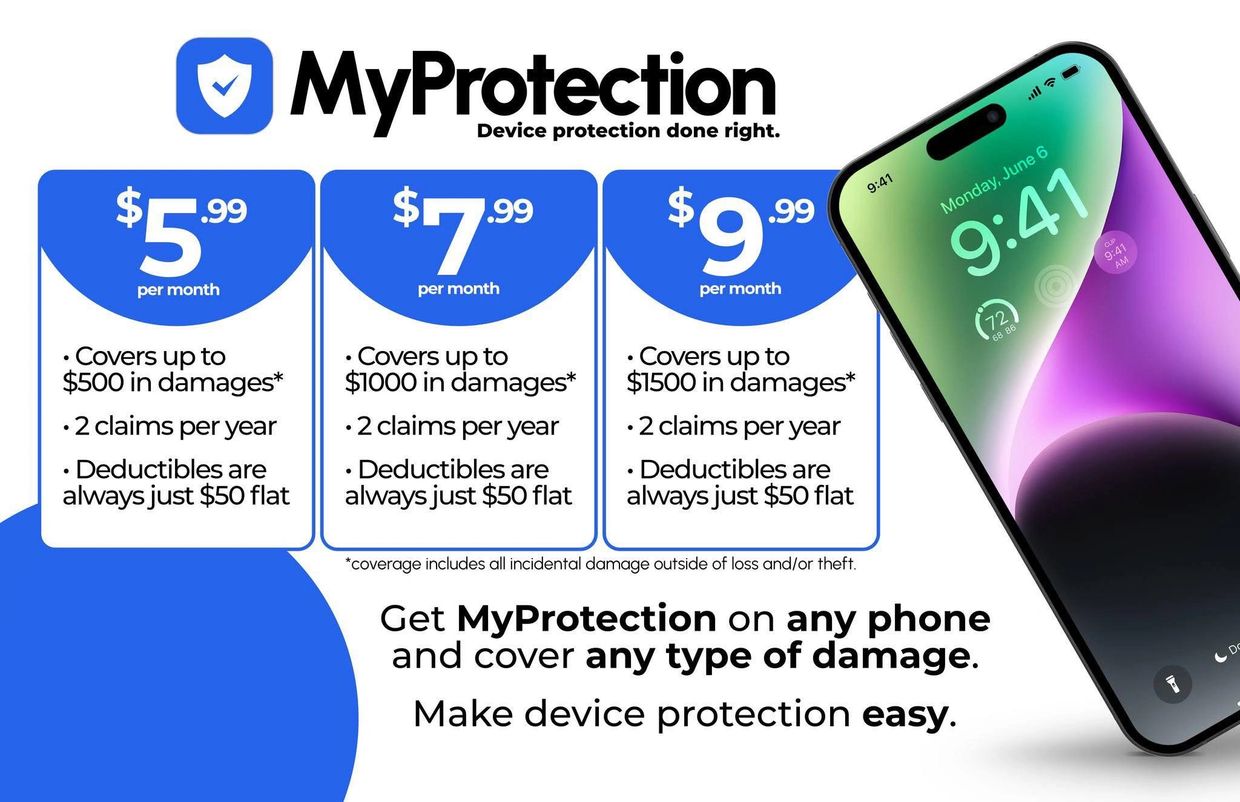 MyProtection offers affordable device protection plans with coverage up to $1500 and $50 deductibles.
