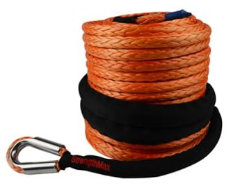 Orange synthetic rope coiled with metal hook.