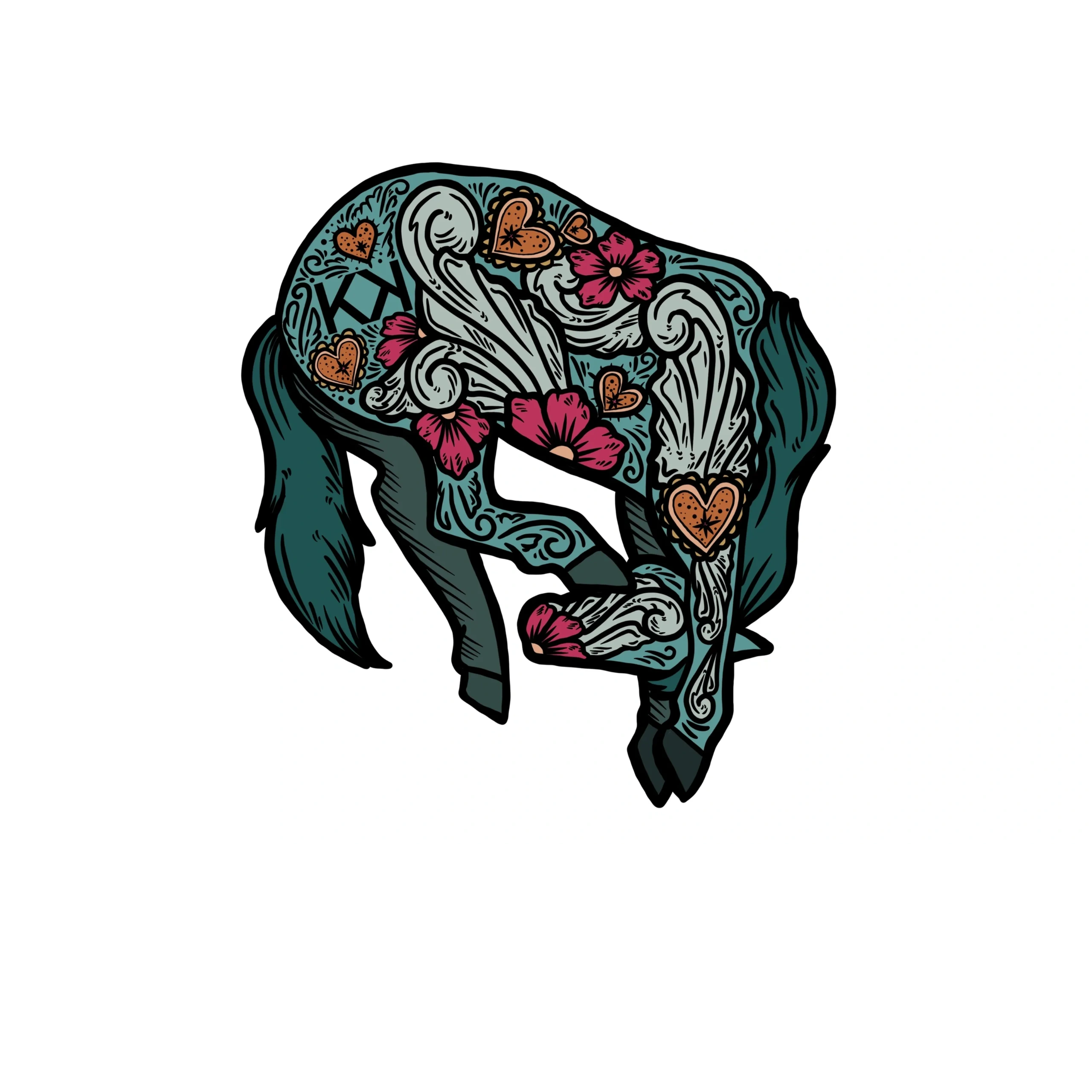 Decorative horse illustration with floral and heart patterns in blue, pink, and orange.