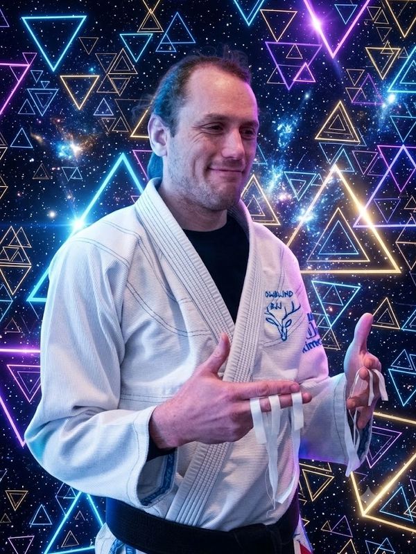 Man in a martial arts gi with a black belt against a neon geometric background.