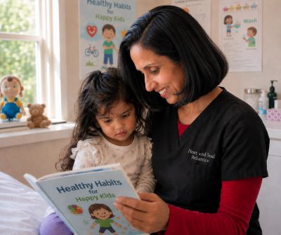 Woman reads a children's book with a young girl.