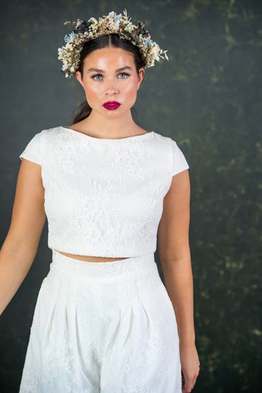 alternative wedding separates. lace top and culottes.