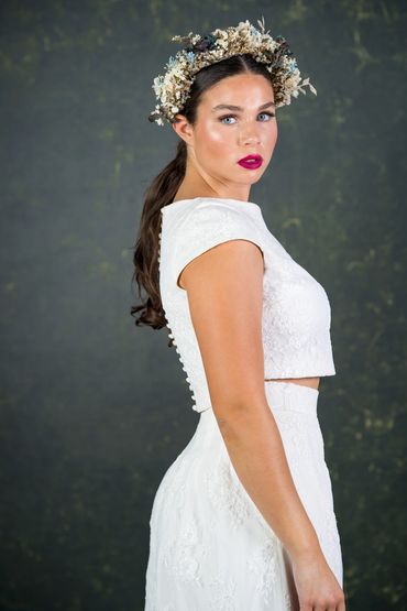 modern bridal top with boat neck and cap sleeves. 