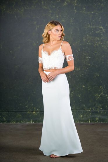 modern wedding separates. lace strappy top and floor length skirt. 