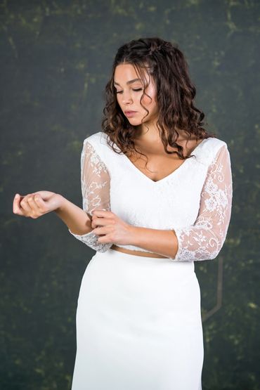 relaxed wedding separates. lace v neck top with long sleeves and silk skirt.
