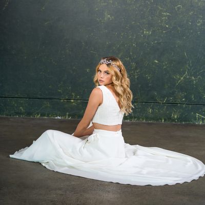 alternative modern wedding two piece. floor length skirt beaded top.