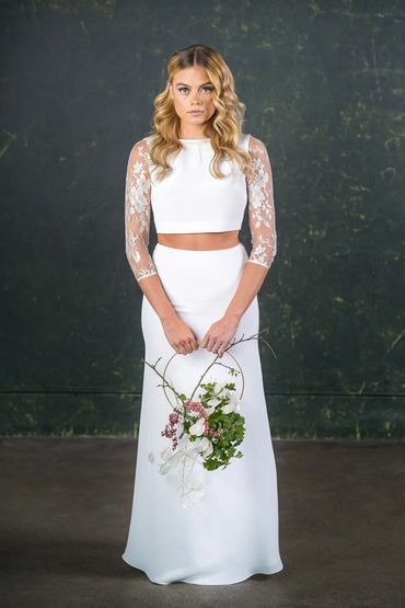 floor length silk bridal skirt with lace insert 