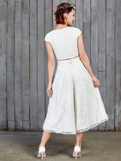casual wedding two piece. lace top and wide leg trousers.
