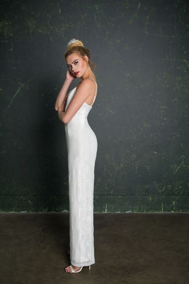 relaxed wedding beaded jumpsuit with thin straps.