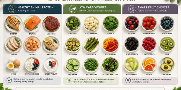 Healthy animal protein, low carb veggies, and smart fruit choices for balanced nutrition.