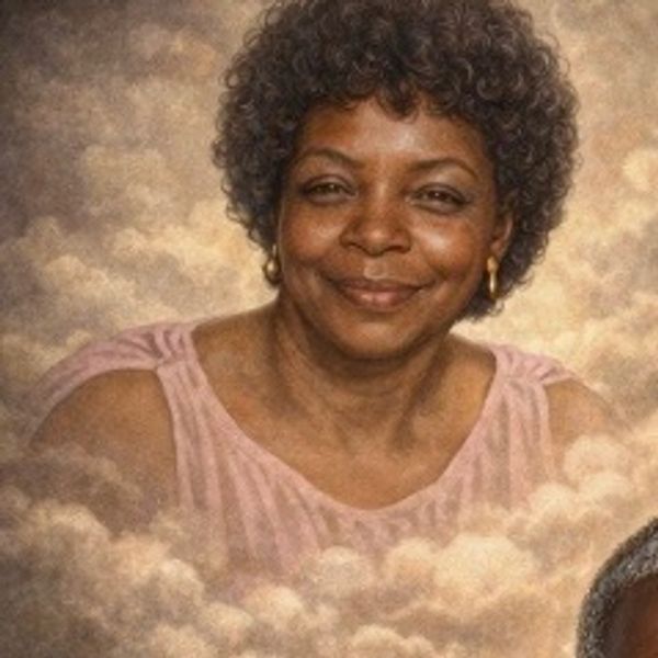 Portrait of a smiling woman with curly hair surrounded by soft clouds.