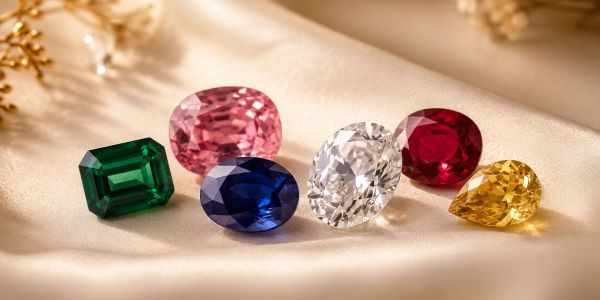Six colorful gemstones on silk fabric.