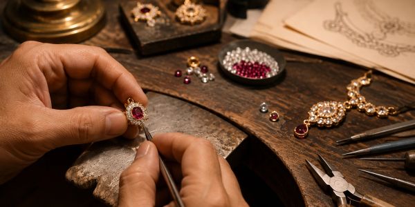 Hands crafting a gold and ruby pendant.