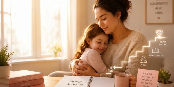 Mãe e filha abraçadas em momento de carinho e aprendizado.