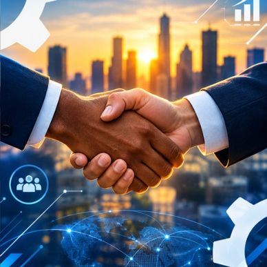 Two people shaking hands with city skyline background.
