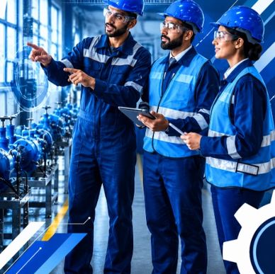 Engineers discussing plans at an industrial facility.