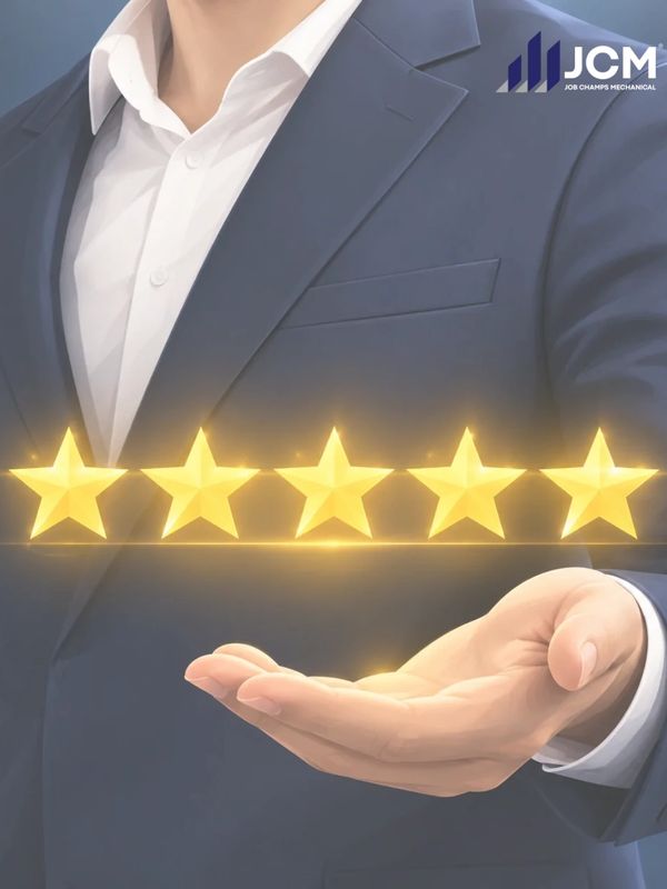 Businessperson presenting a five-star rating with glowing stars.