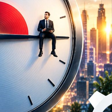 Tiny man sits on clock hand near red segment.