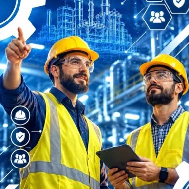 Two construction workers wearing safety gear in an industrial setting.