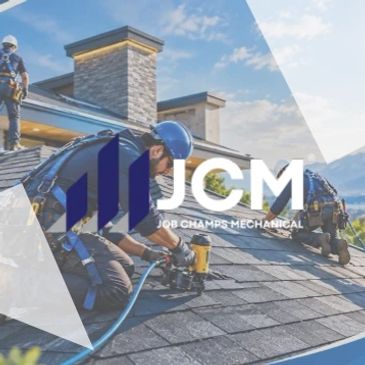 Workers repairing a roof with tools.