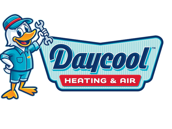 Cartoon duck mascot with wrench next to Daycool Heating & Air logo.