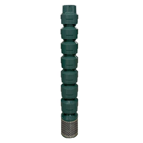Green industrial pump with multiple segments and a metal mesh base.