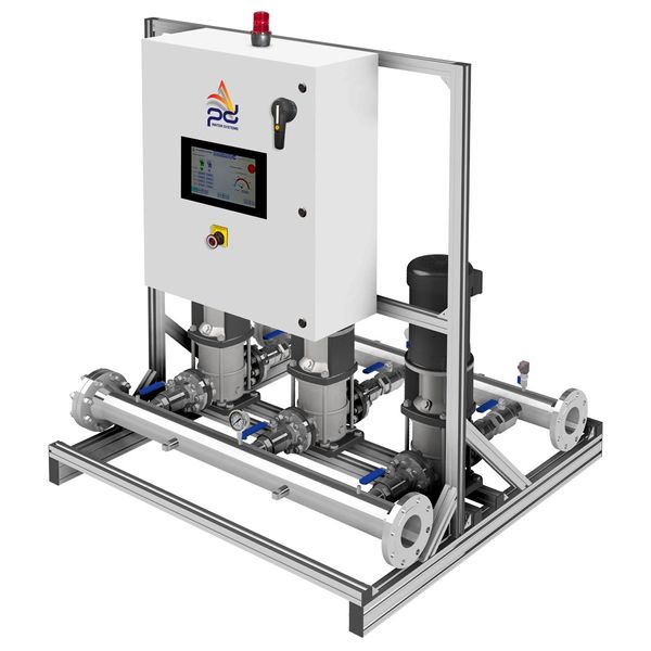 Industrial water system with control panel and pumps on metal frame.