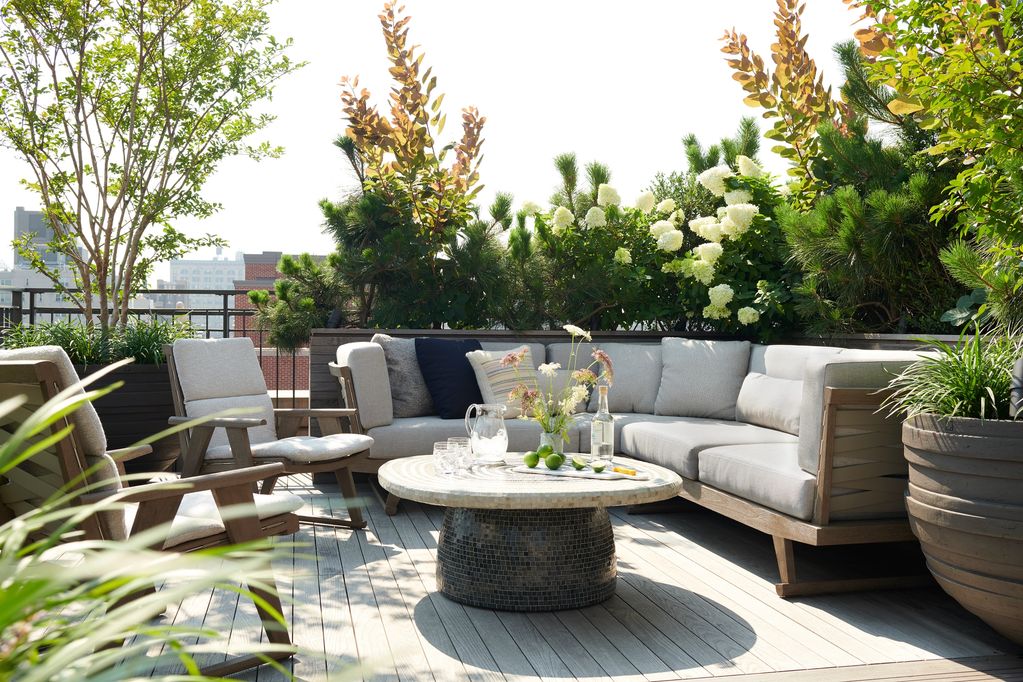 Sunny outdoor patio with cushioned seating and lush greenery.