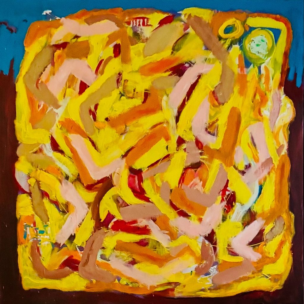 "LIMBS AKIMBO ACT III (Shani Louk) is a 36' x 36" acrylic on canvas.