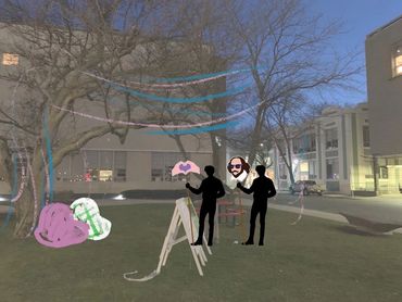 A digital drawing of two figures, each holding a totem. Two bean bags and a lot of streamers.