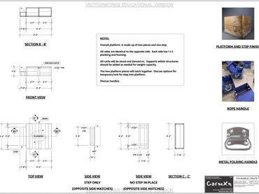 Digital drafting of crate platform structure, including reference images of handles and finish.