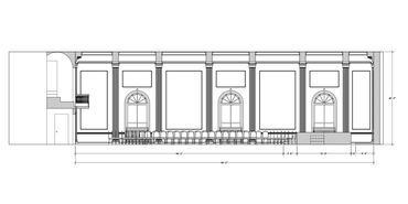 Digital drafting of west wall, including audience seating, the orchestra platform, and piano loft.