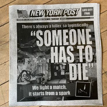 Front page of a crafted New York Post newspaper, the front is filled with lyrics from the show.